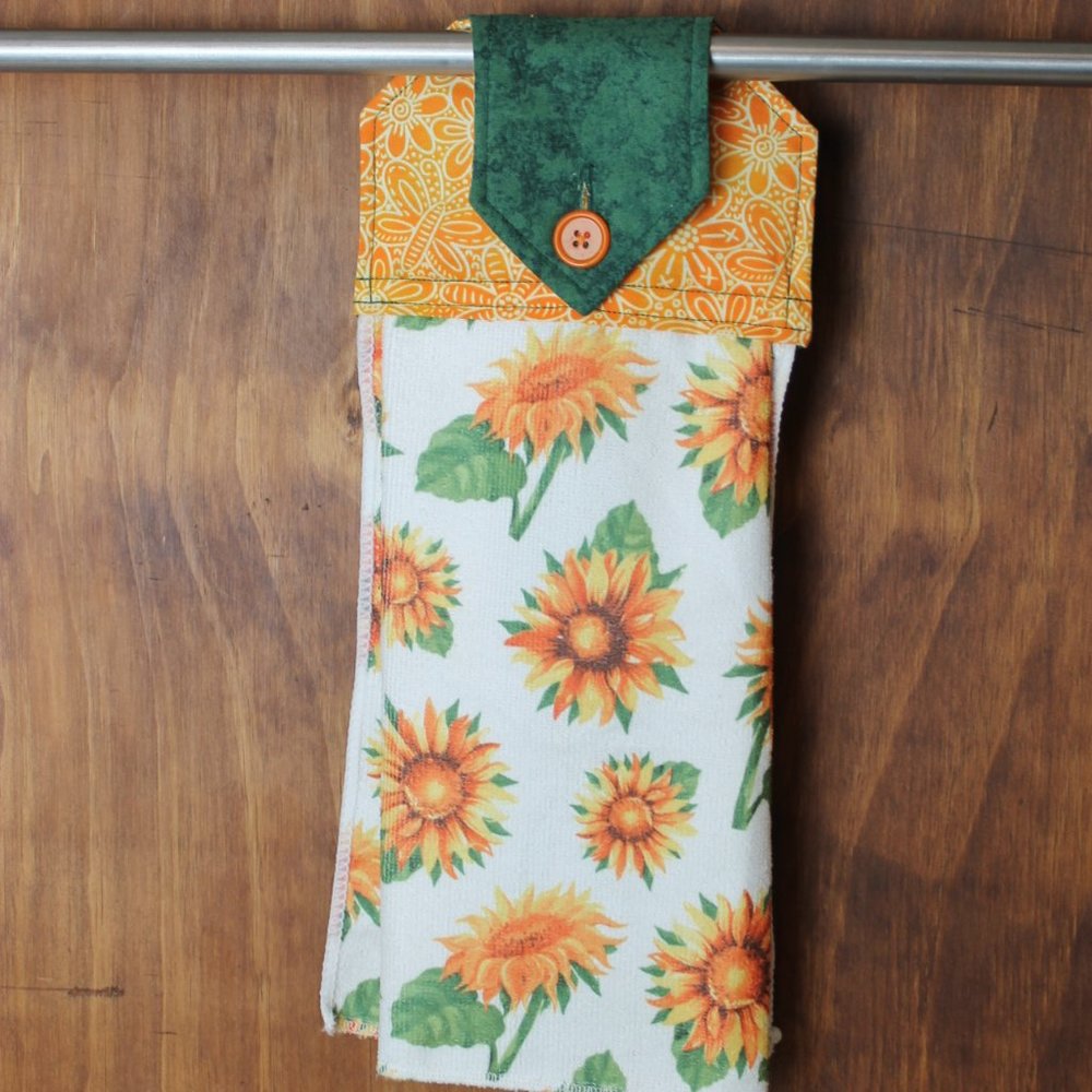 SUNFLOWER HAND TOWEL ORANGE & GREEN PRINT HANDMADE HANGING KITCHEN FLORAL PRINT